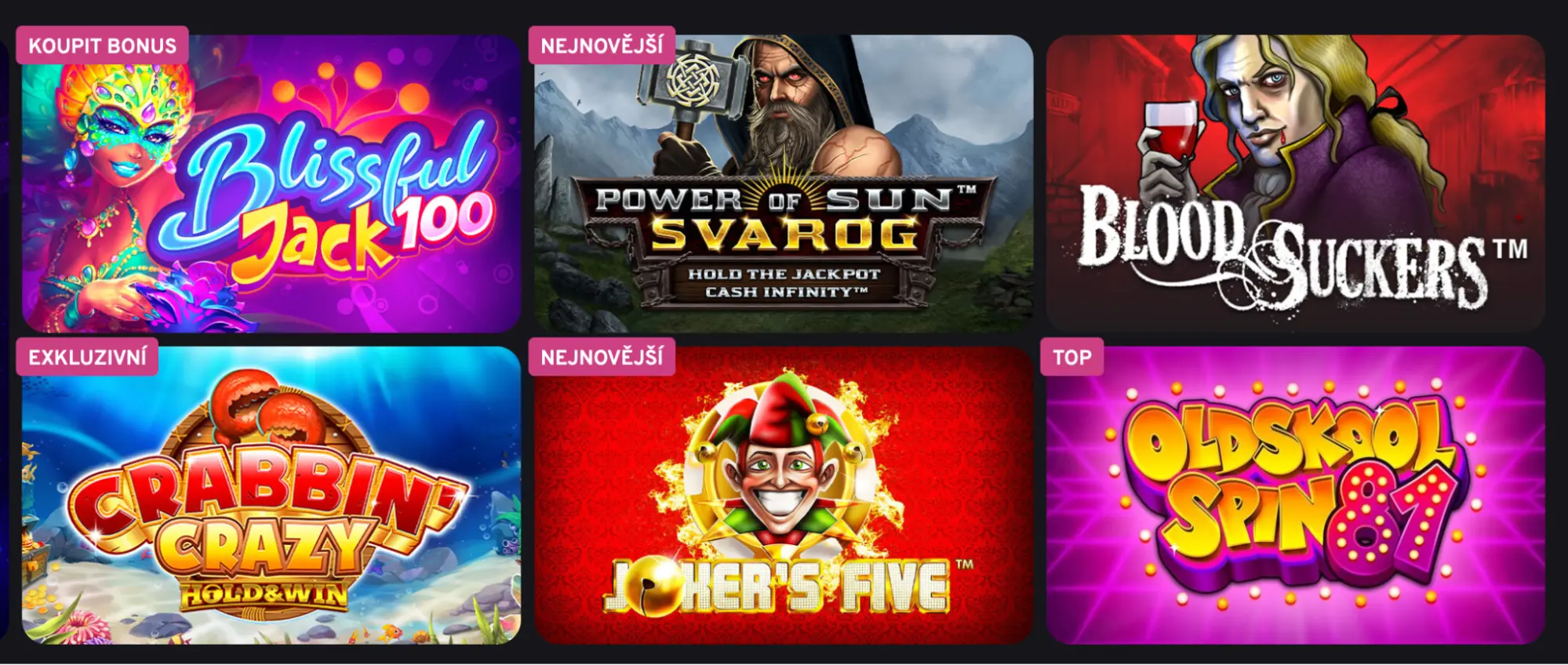 Výběr online automatů – Blissful Jack 100, Power of Sun: Svarog, Blood Suckers, Crabbin’ Crazy Hold & Win, Joker’s Five a Oldskool Spin 81.